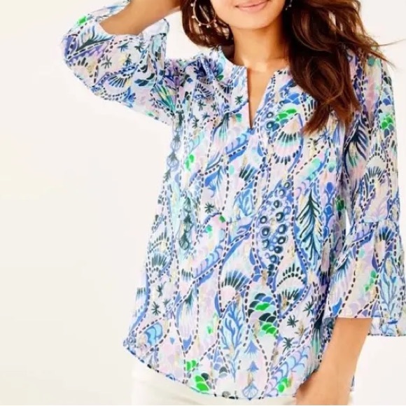 Lilly Pulitzer Tops - Lilly Pulitzer Elenora Tails Of The Sea Blouse Metallic Medium